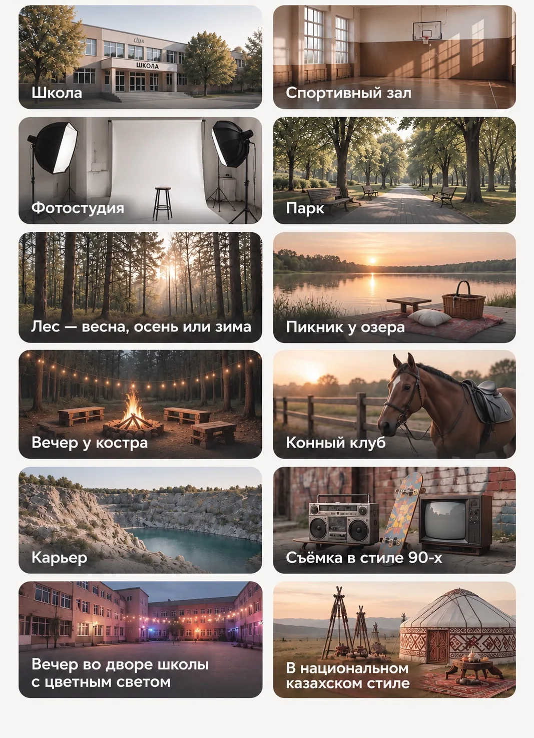 12 дополнительных локаций для выпускных фотосессий: школа, спортивный зал, фотостудия, парк, лес, пикник у озера, вечер у костра, конный клуб, карьер, стиль 90-х, вечер во дворе школы и казахский национальный стиль