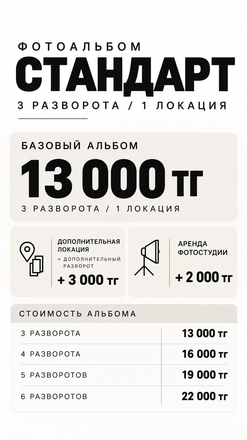 Прайс: стандартный альбом 13 000 тенге, дополнительные развороты и аренда фотостудии